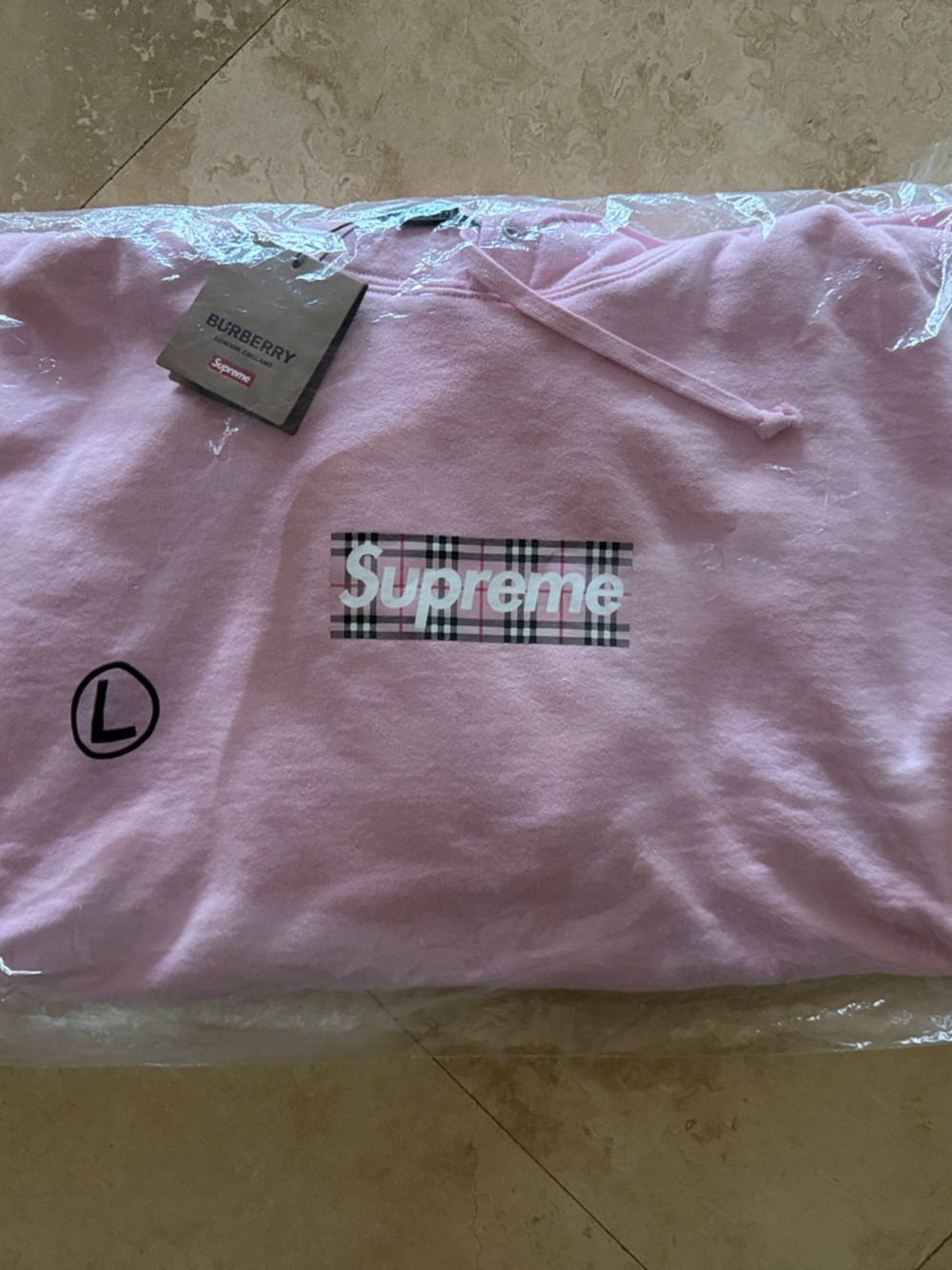 Supreme Pink Pullover Hoodie with Burberry Plaid Box Logo- Brand New